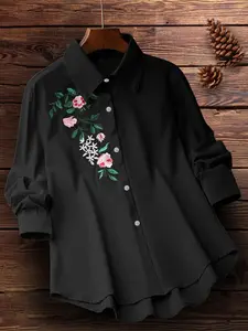 Women's Floral Embroidery Plicated Button Front Shirt, Fashion Casual Long Sleeve Collared Top for Daily Outdoor Wear, Ladies Clothes for Spring