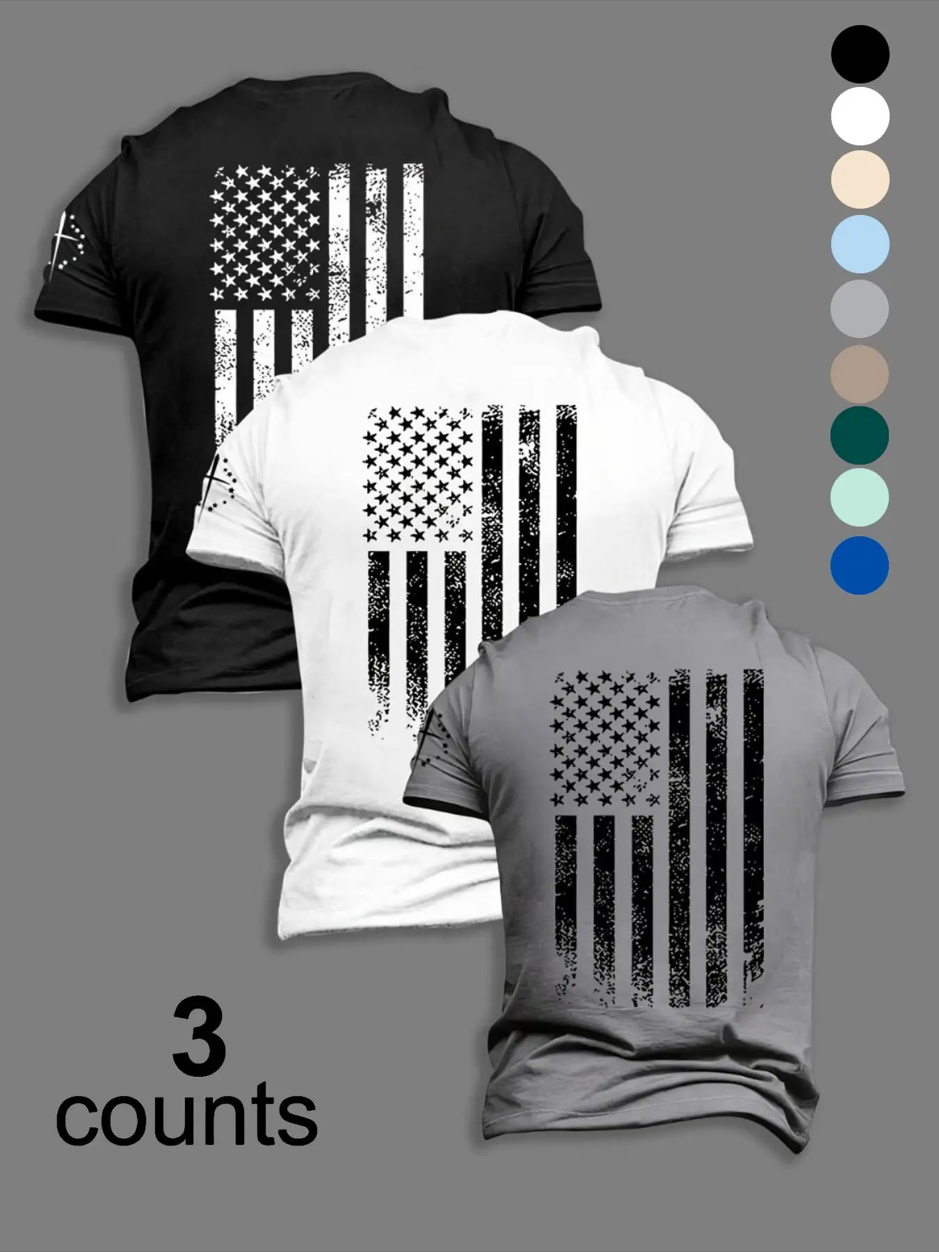 Men's Street Style Fashion Menswear Three-Piece Set, Matching Sets, Flag Print Short Sleeve T-Shirt, Loose-Fitting, Perfect for Outdoors and Leisure Clothes