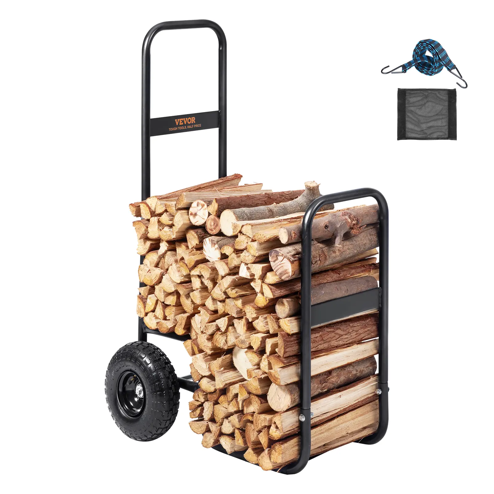 【Summerfinds】VEVOR Heavy Duty Steel Firewood Log Cart Trolley, 250 lbs Load Capacity, Handle, 10.5 in Pneumatic Rubber Wheels, 17.4 lbs Weight, 26.4 in Depth, Indoor-Outdoor Wood Transport for Fireplace-Fire Pit, Black, Home Improvement Use, Carbon Steel