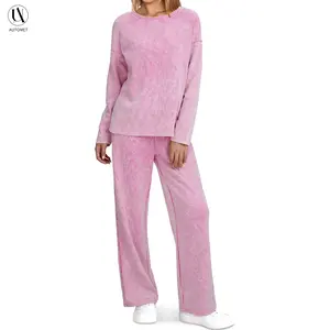 AUTOMET Vintage Waffle 2 PIECE SET WOMEN Lounge Long Sleeve Tops Fitted with Crew Neck & Relaxed Pants