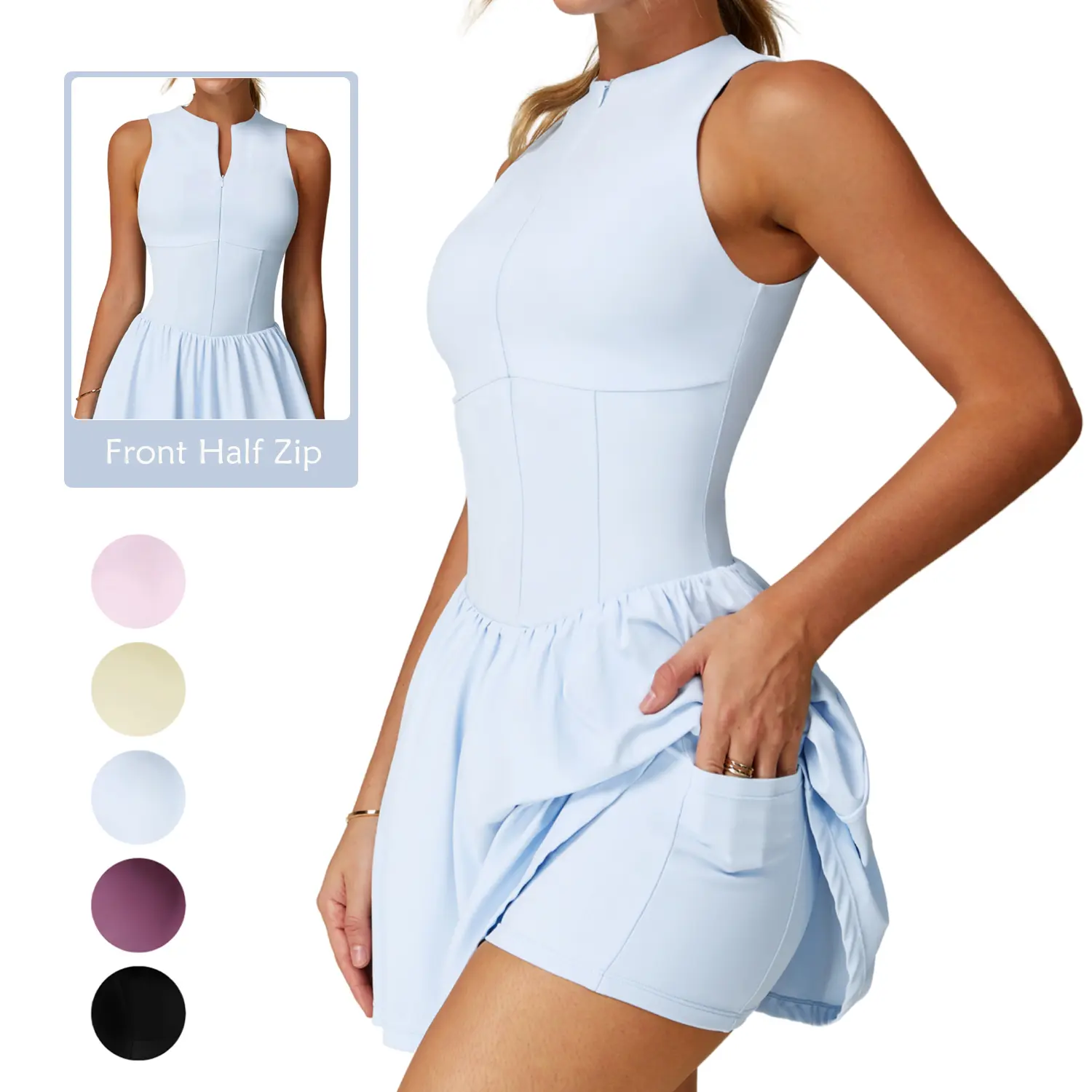 RIOJOY Women's High-Neck A-Line Athletic Dress, Sleeveless with Half-Zip, Built-in Shorts & Pockets, Women's Clothes for Tennis, Golf & Brunch Outfit Ideas