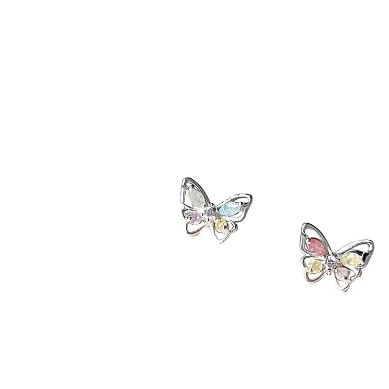 Mini Silver-Plated Needle Butterfly Earrings, Micro-Inlaid Colorful Zircon Butterfly Ornament Earrings for INS Fashion Enthusiasts, Stud Earrings