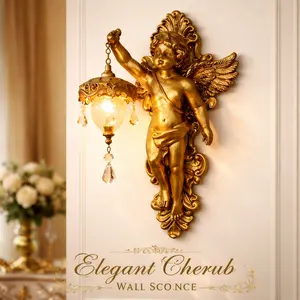 Vintage Golden Cherub Angel Wall Sconce, Resin Cupid Crystal Wall Lamp, Antique Baroque Decor Wall Light for Bedroom Hallway Living Room
