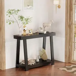 Loftiage 43.5'' Wood Entryway Table, Narrow Console Table with Storage, Behind Couch Sofa Table with Open Shelves for Hallway, Narrow Space, Easy Assembly, Black，white