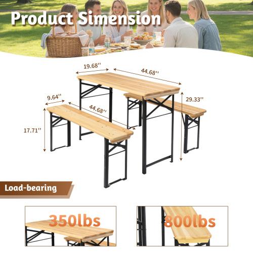 Karlhome 3pcs 4/6FT Folding Picnic Tables with Benches Set, Weather-Resistant Wooden Beer Garden Table Bench, 3-Piece Portable Fold Up Camping BBQ Table w/Carrying Handles,Natural Wood Color