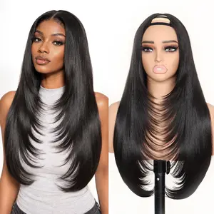 U&A Yaki Straight V-Part Layered Half Wig, 250% Density Glueless Synthetic Full Machine Wig, 22in Beginner-Friendly No Leave Out Hairpiece, Glueless Wig