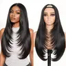 U&A Yaki Straight V-Part Layered Half Wig, 250% Density Glueless Synthetic Full Machine Wig, 22in Beginner-Friendly No Leave Out Hairpiece, Glueless Wig