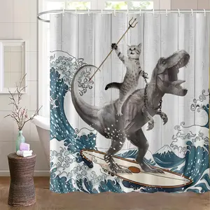 Fun Cat Beach Shower Curtain, Surfing Dinosaur Ocean Design, Wave Bathroom Decor, Includes 12 Hooks, Perfect Christmas Autumn Gift, Shower Curtain Set