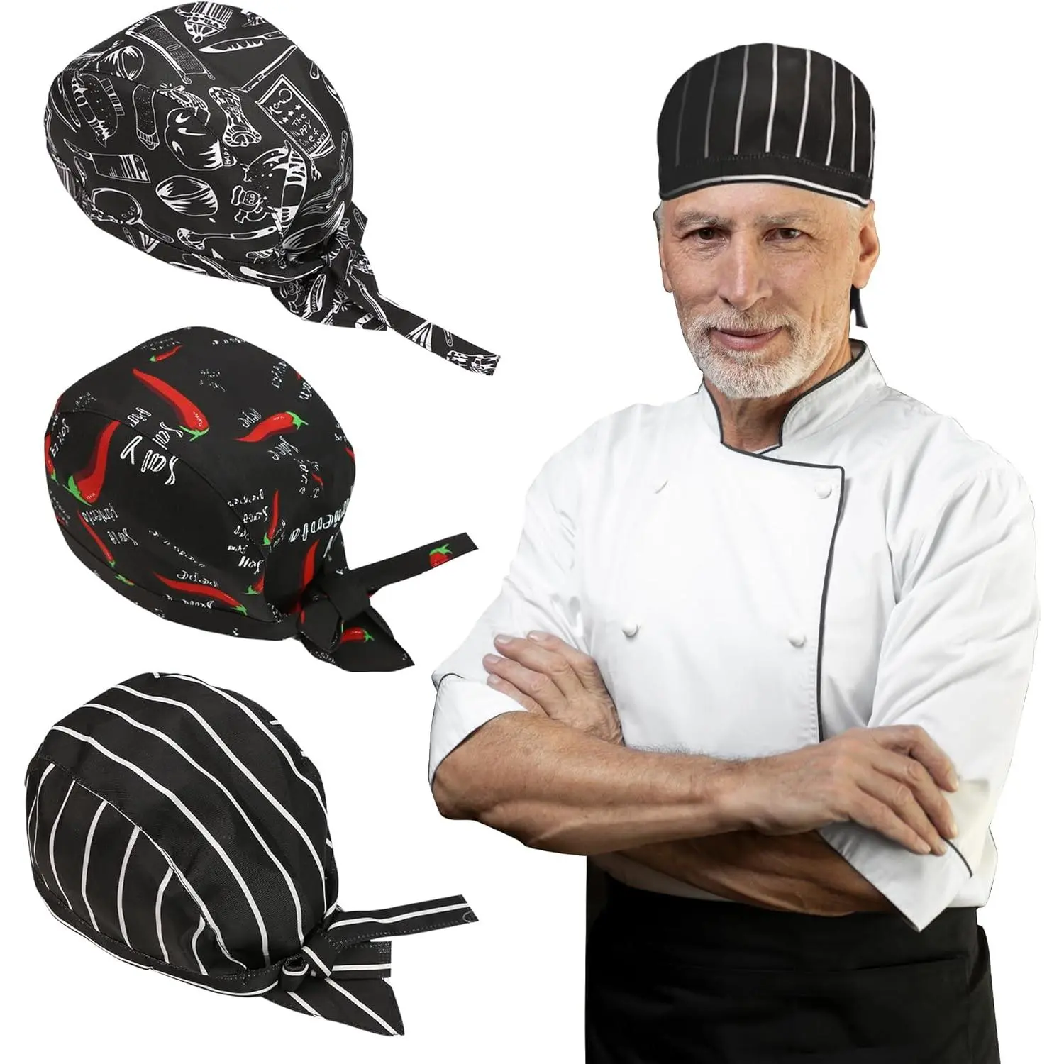 3 Packs Professional Head Scarf for Men and Women - Chef Men's Hat Cooking Skull Caps, Cook Hats, for Bandana Scarves Cover, Ribbon Kitchen Catering Turban Cap Multi