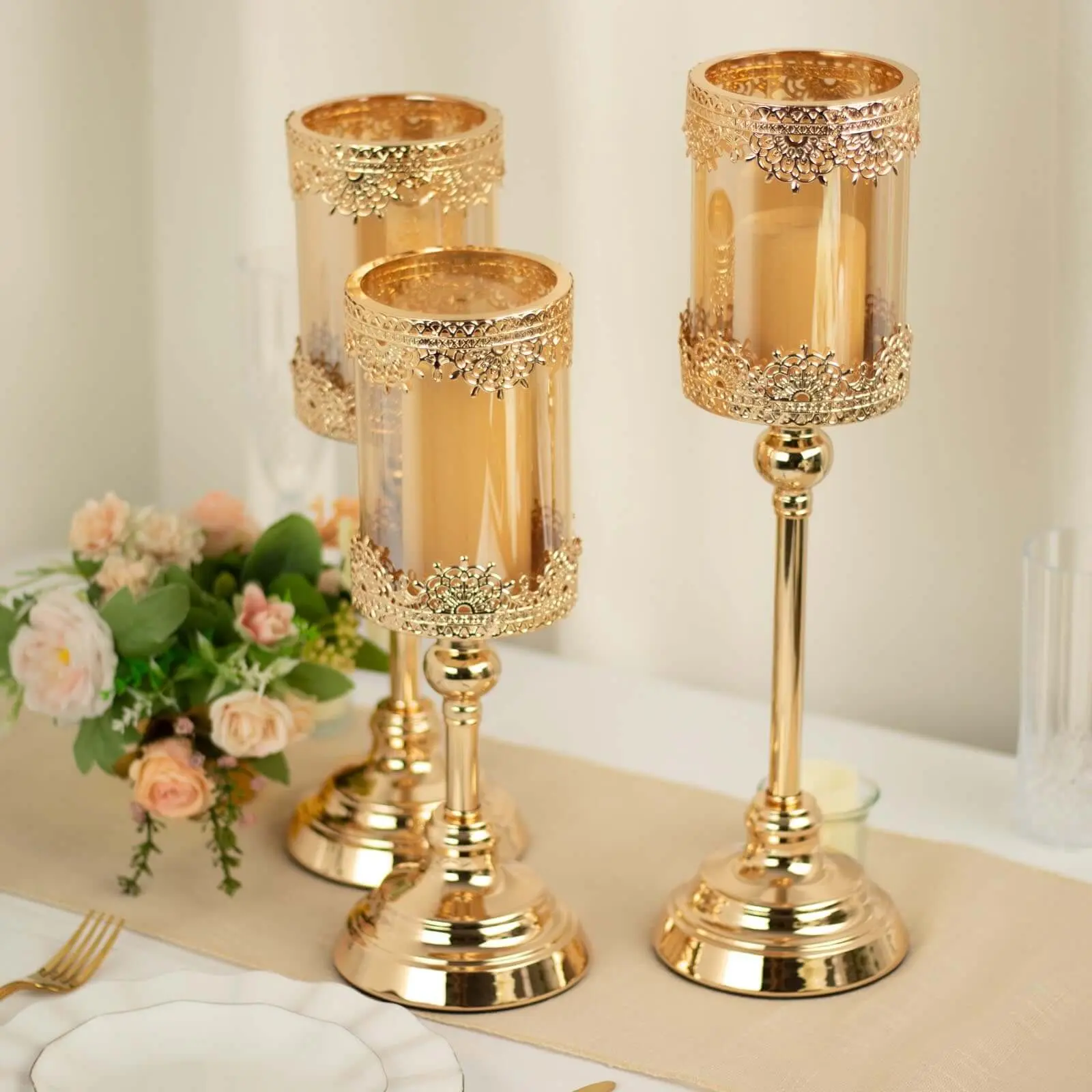 Antique Gold Lace Votive Candle Holder Set (3-Piece) with Hurricane Glass Shades - 13in, 15in, 17in Refined Home Decor for Weddings, Wedding
