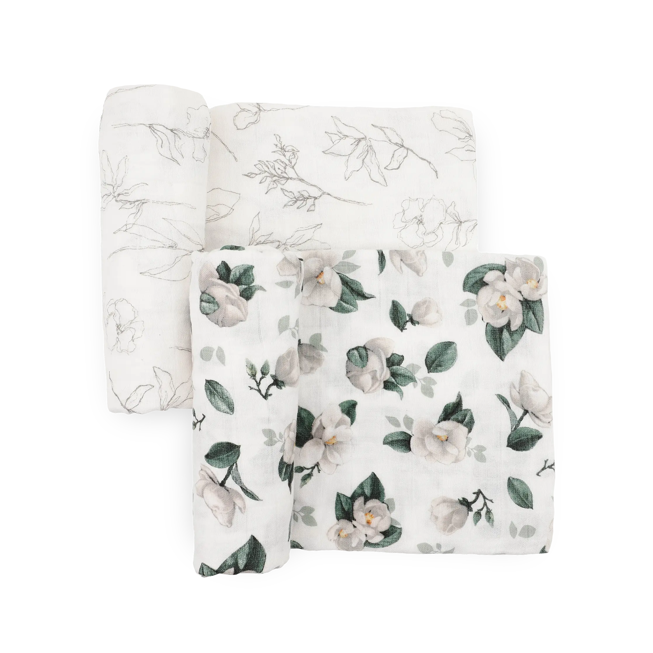 Organic Cotton Breathable Muslin Fabric Swaddle Blanket 2-Pack, Floral Magnolia Bedding Linen Throw for Infants (2-Piece Set), Two Piece Set