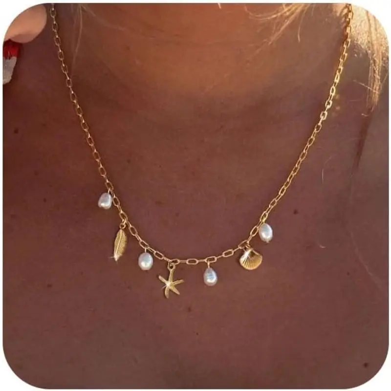 Women's 14-Karat Gold Plated Paperclip Gold Necklace for Women, Summer Costume Jewelry with Beach Shell, Moon and Star Charms, Ideal Gift Accessory, Gold Necklace Women,summerwins