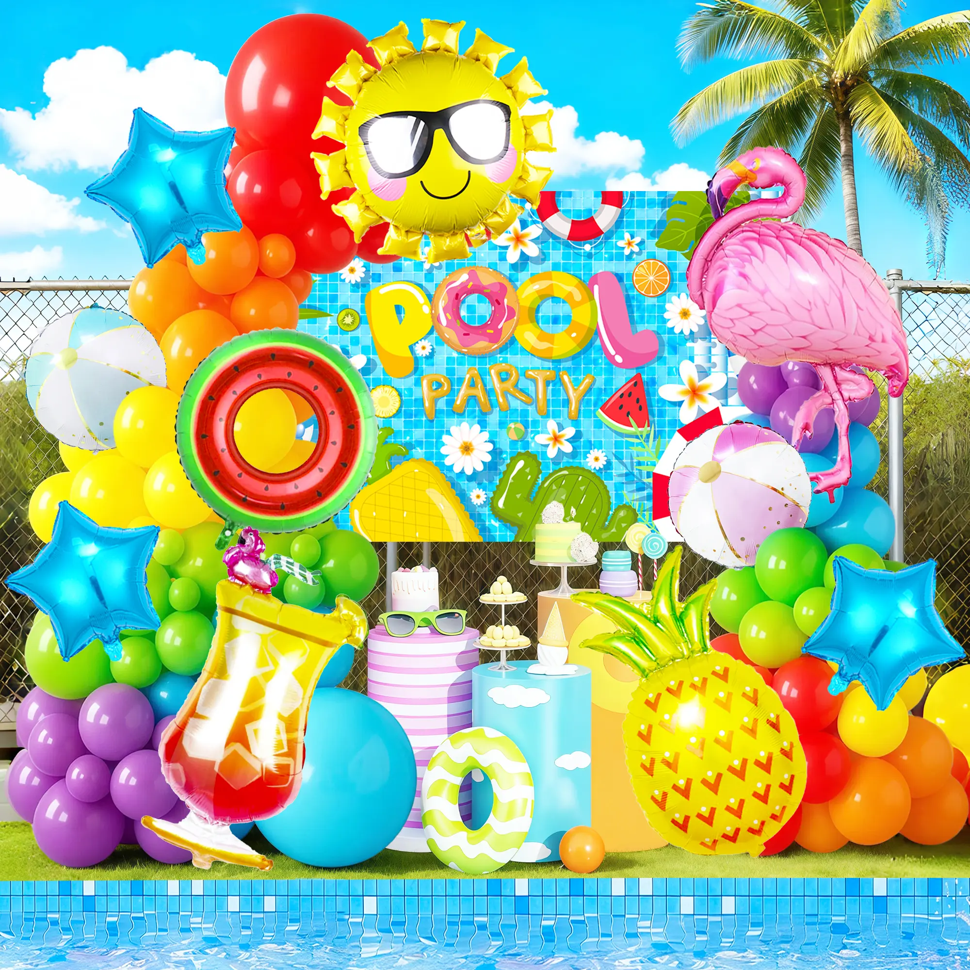 Pool Party Decoration, 99pcs Pool Party Birthday Decorations Set Includes Pool Party Backdrop Tropical Balloons etc Hawaiian Party Birthday Decorations