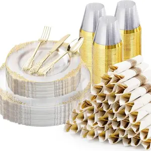 GOODLUCK 350 Piece Clear Gold Plastic Dinnerware Set for 50 Guests Includes 50 Plates 50 Dessert Plates 150 Silverware 50 Napkins 50 Cups Perfect for Party Wedding Elegant Design BPA-Free Food-Grade Plastic