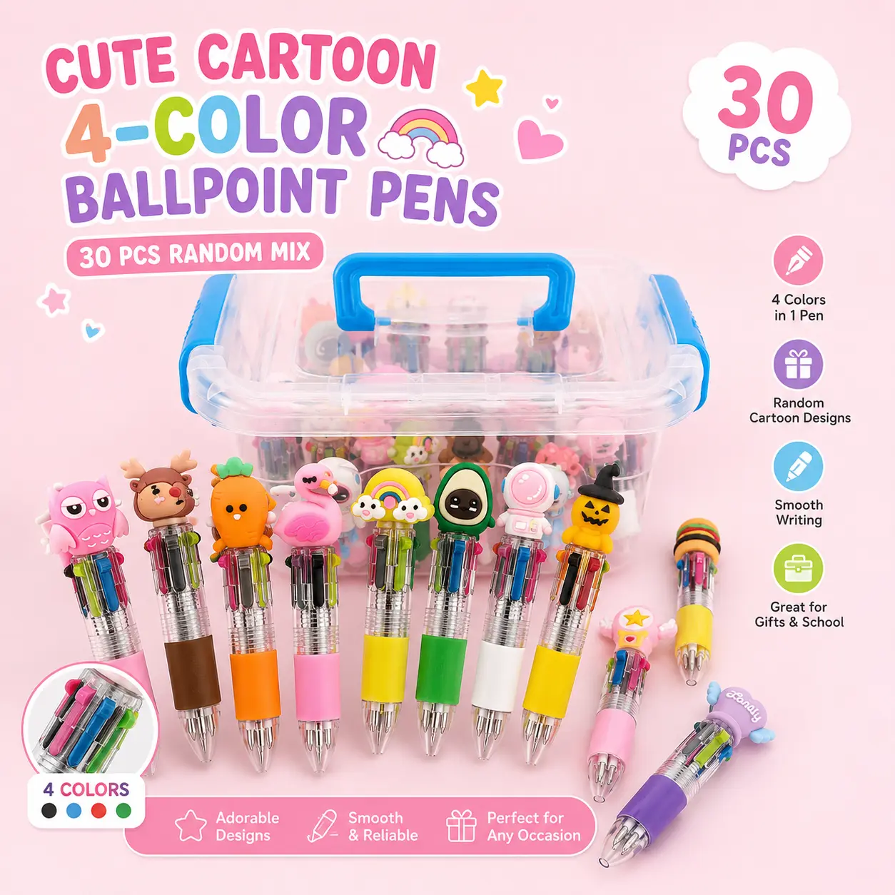 30PCS Mini Retractable Aesthetic Pens Set - 4 Colors in 1, Cute Kawaii, Smooth Writing, Random Cartoon Designs, Portable Office Stationery, Back to School Shopping Supplies, Stuff for School, Colored Pens for Note Taking, Journaling & Gifting
