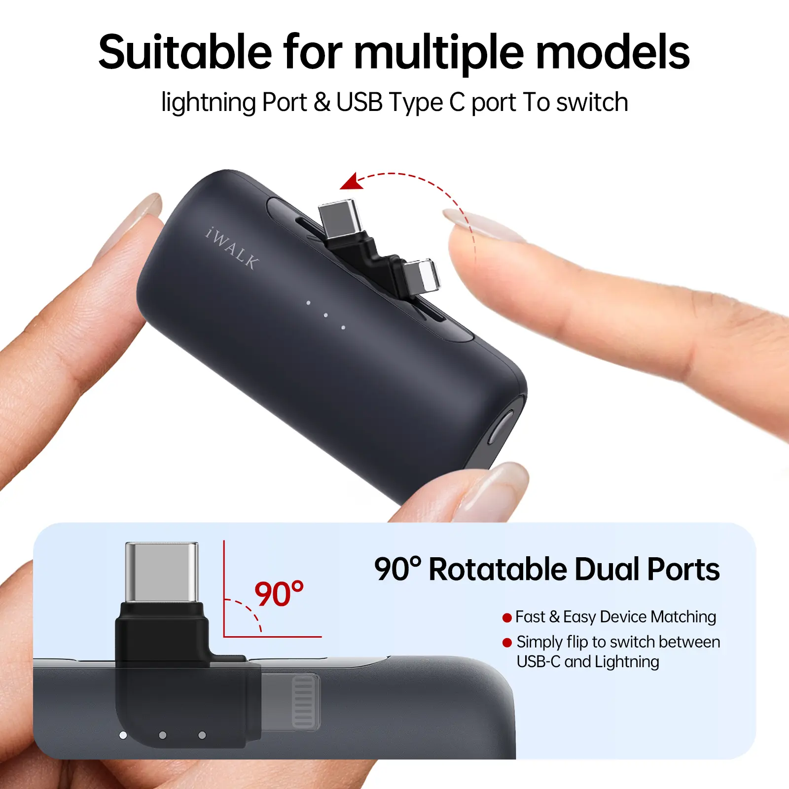 iWALK Compact Portable Power Bank, 5500mAh Lipstick-Sized Mini Lithium Charger, 20W Adaptive Fast Charging, 2-in-1 USB-C&Lightning Connector, 2-Port Double Charge, 9 Safety Layers for iPhones & Mobile Devices, Mobile Phone Accessories,back to school