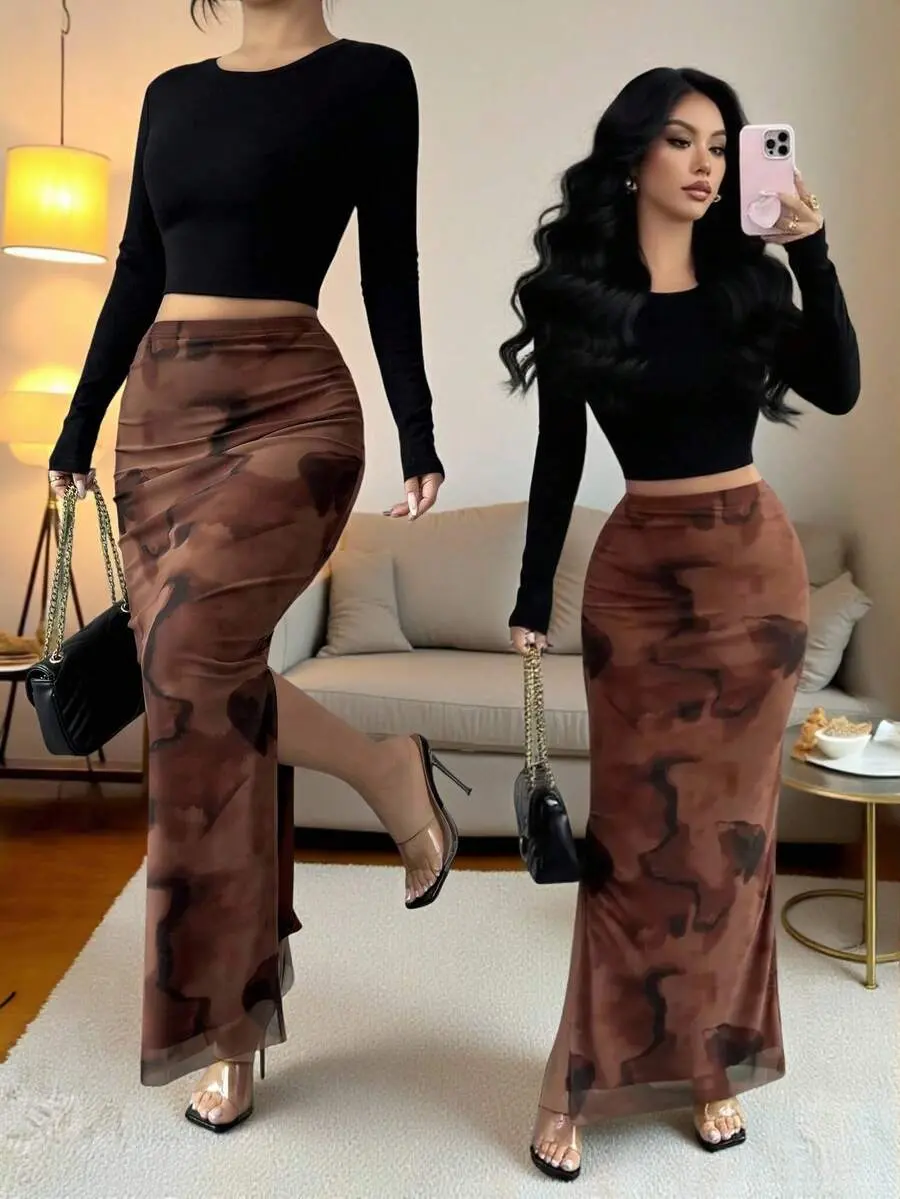 Women's Elegant Chaotic Stretch Mesh Tight Hip Slit Long Skirt,All Shades Of Brown,Summer,Seksi Chic,Date Night,Brown Blended Mesh Skirt,Formal Party