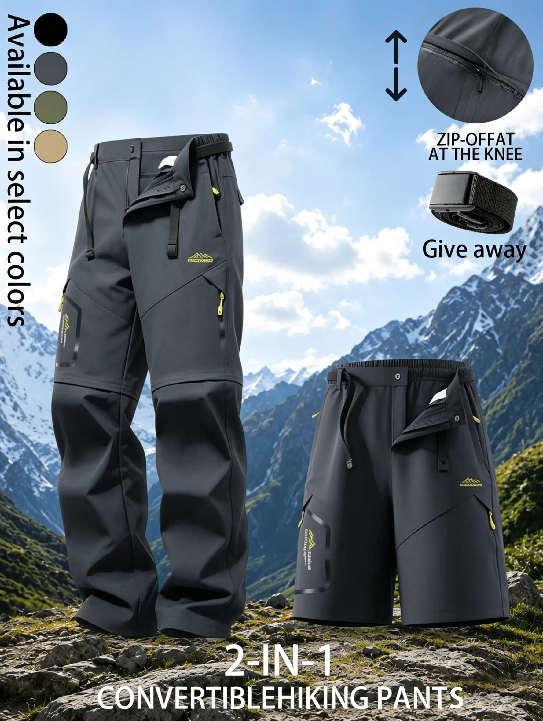 Mens Slim Fit Two In One Convertible Hiking Cargo Pants Zip Off Knee Quick Dry Stretch Tactical Utility Pants Removable Belt Multi Pocket Detachable Legs Outdoor Travel Camping Fishing Workwear Streetwear Trail Running All Season Adventure Trousers