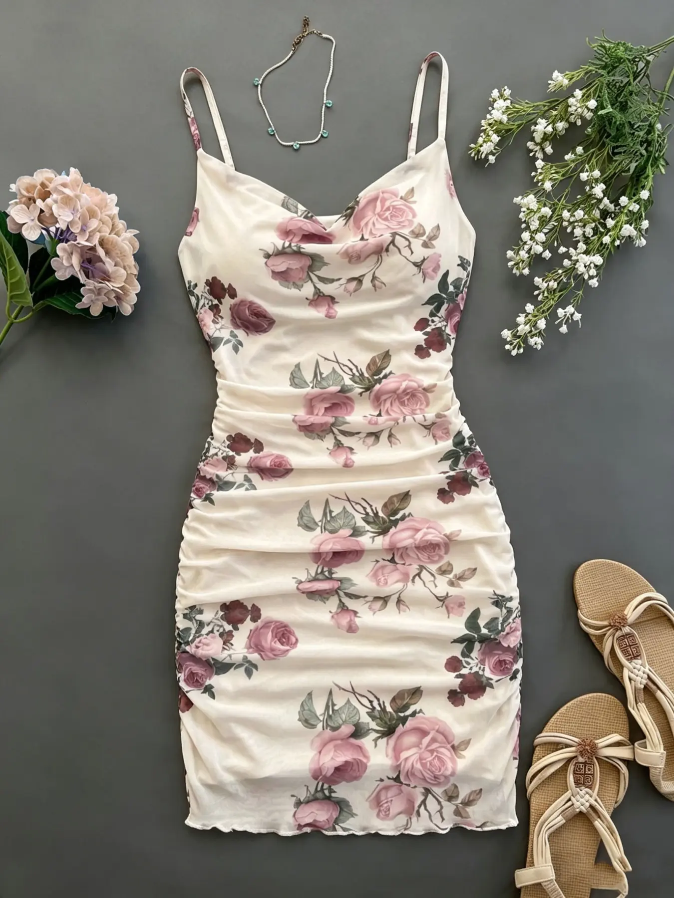 Women's Floral Print Sleeveless Dress, Boho Style Drape Collar Ruched Mesh Dress for Beach Vacation, Summer Casual Wear, Boho Fashion