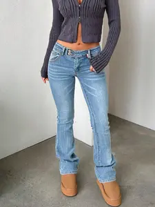 Women's Y2K Vintage Flare Denim Jeans, Low Waist Slim Fit with Double Button Design, Hip-Wrapping Flared Long Pants, Daily All-Match Casual Fashion Trousers, Womenswear