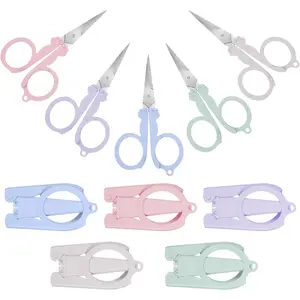 10 Pcs Pastel Mini Folding Scissors with Safety Cap Stainless Telescopic Little Travel Badge Reel Scissors Tiny for Nurse, School, Home, Cutting