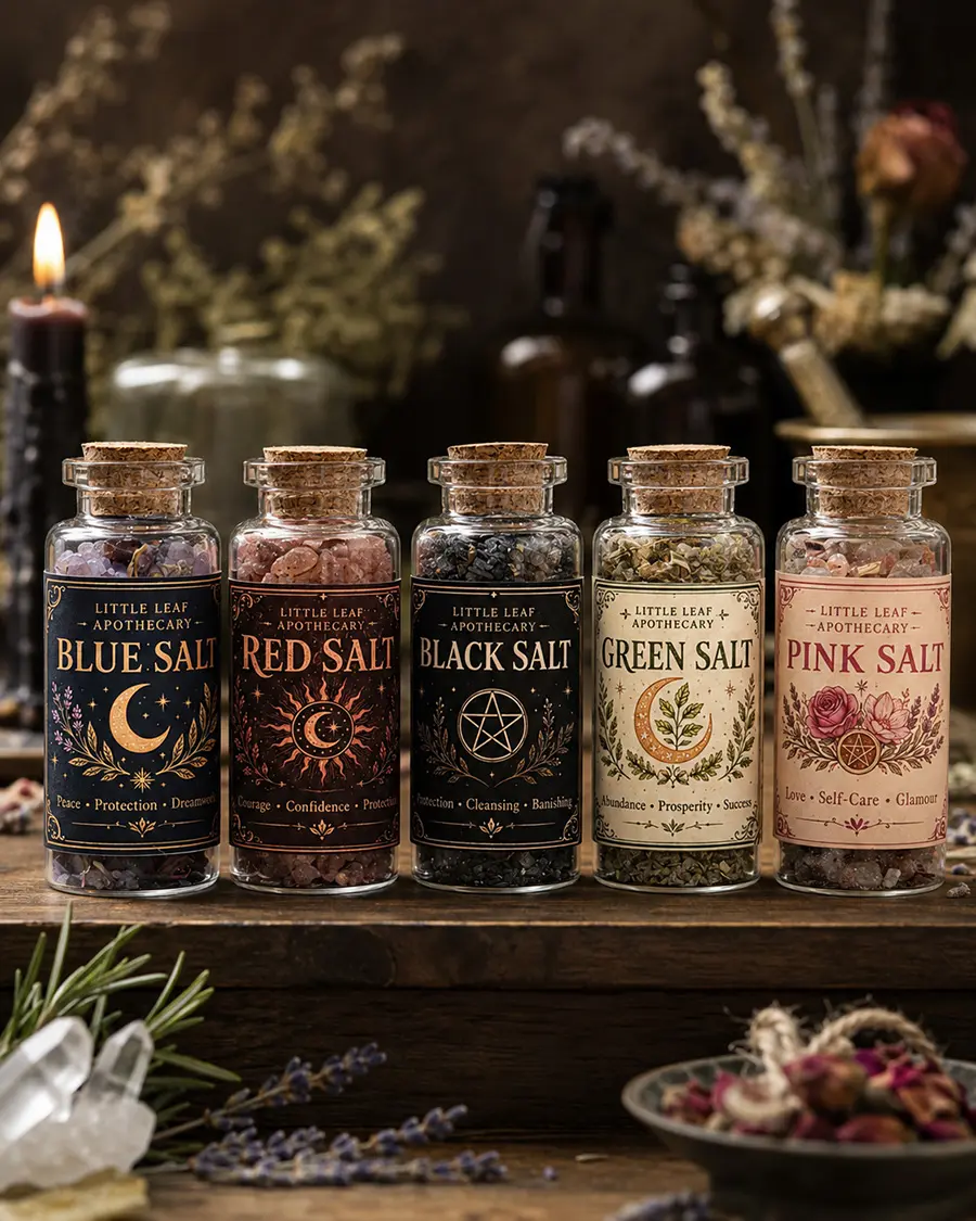 Little Leaf Apothecary Mini Ritual Salt Set | 5 Intention Salt Jars for Protection, Prosperity, Love, Peace & Courage