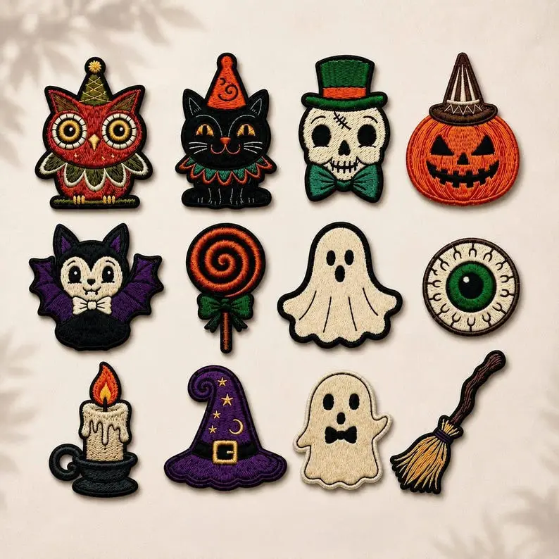 Halloween Embroidered Iron On Patch, Sew On Patch, Spooky Applique Patch Halloween, Ghost Bat Pumpkin Witch Hat Black Cat Broom Patch