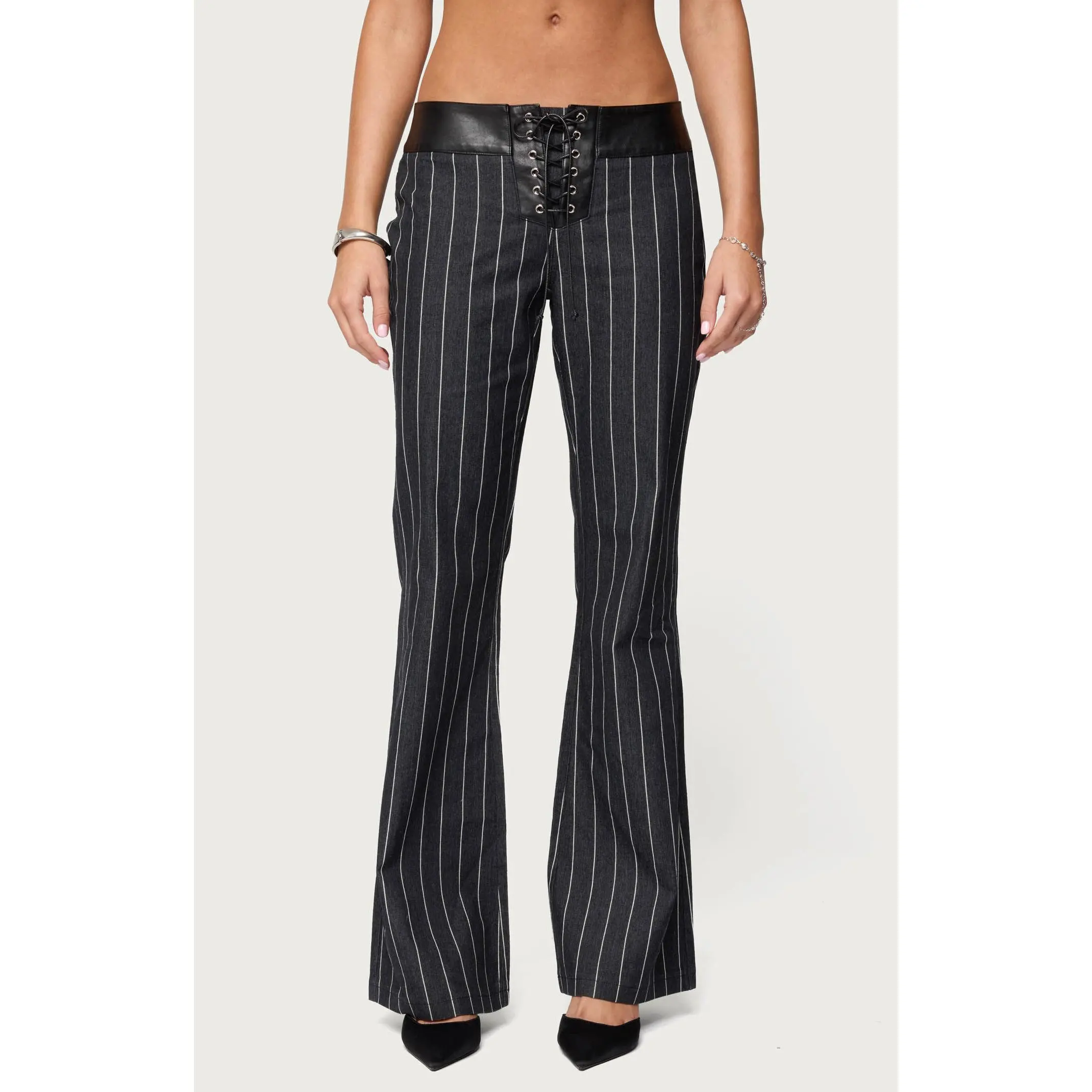 Edikted Women's Pinstripe & Faux Leather Low Rise Flared Jeans