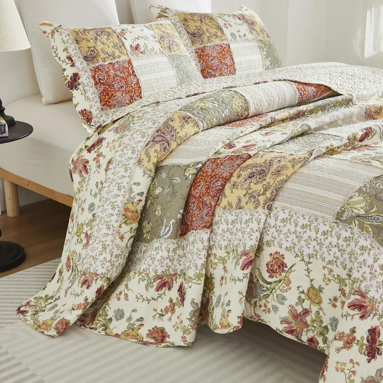 Size Quilt Set Cotton Luxury Patchwork Quilts  Farmhouse Quilted Comforter Set 3-