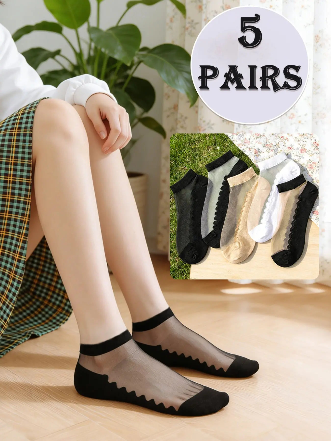 5 pairs of ladies' glass fiber socks, summer open-toe simple style crystal short socks, suitable for daily casual wear, Breathable Plain Socks, Socks Women Sock Packs