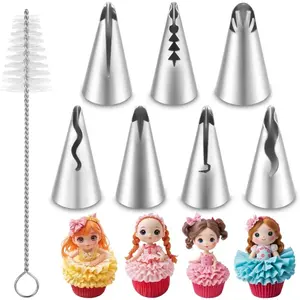 8PCS Pleated Skirt Piping Tips Set, Stainless Steel Cake Decorating Tips Nozzle Piping Set Frosting Icing Tips with Cleaning Brush for Pastry Fondant Cupcakes Cake Decorating, Cake Decorating Kit, Pastry Decorating Tools
