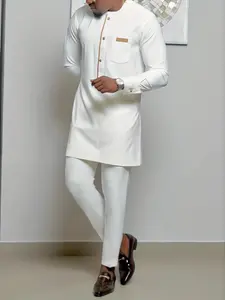 Men's Muslim Style Modesty Round Neck Long Sleeve Buttoned Top Blouse Set, Modern Fashion Design Kaftan African Casual Wear, Wedding Formal Holiday Party Business Gift Casual Tops Tops Menswear