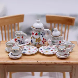 15pcs Ceramic Tea Set Miniature Kitchenware Model Play Kitchen Accessories for Dollhouse Dining Scene DIY, Perfect Christmas New Year Gift