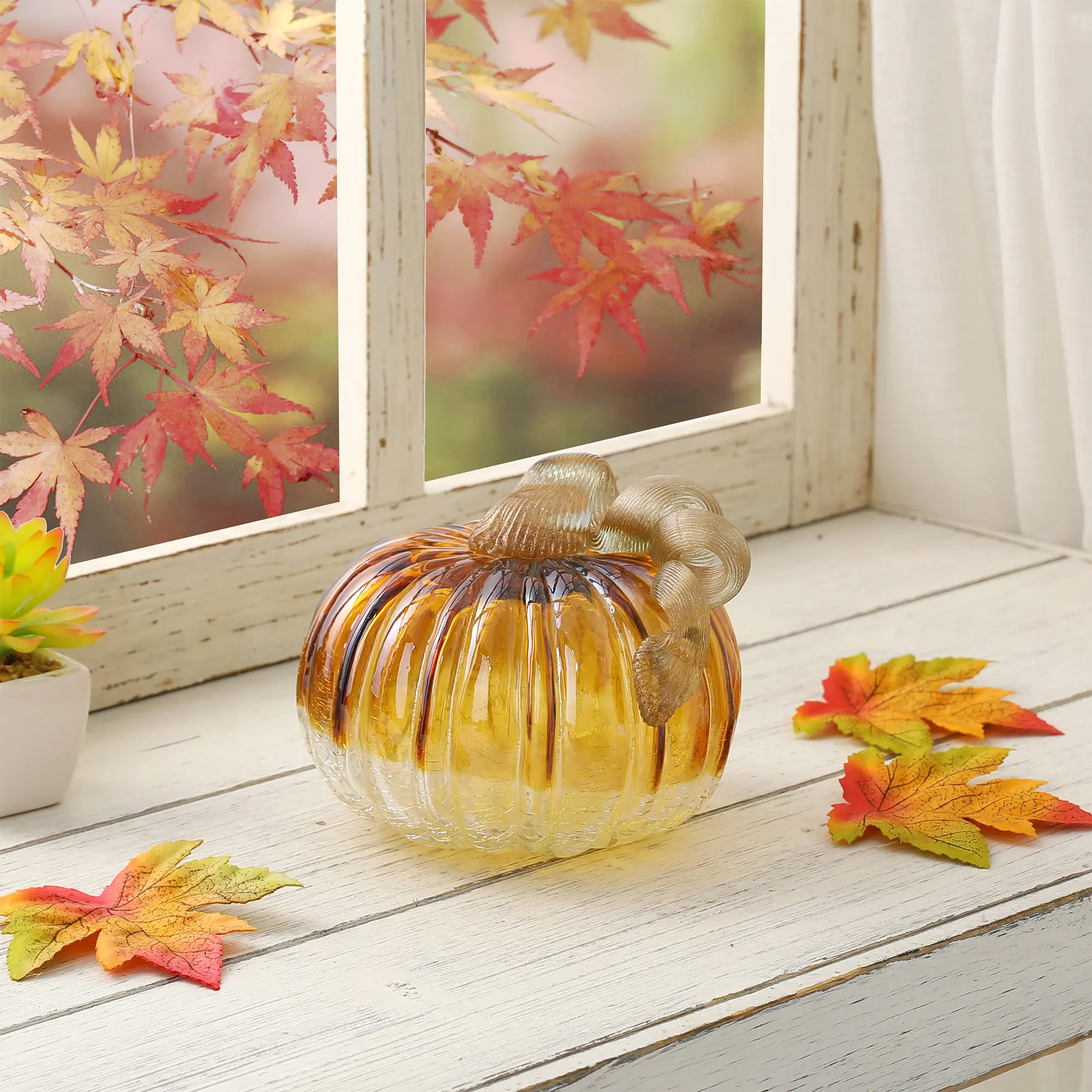 Glitzhome 5.95" D Amber Crackle Glass Short Pumpkin, Festive Home Supplies, Halloween Aesthetic Decoration, Kid Room Decor, Housewarming Gift