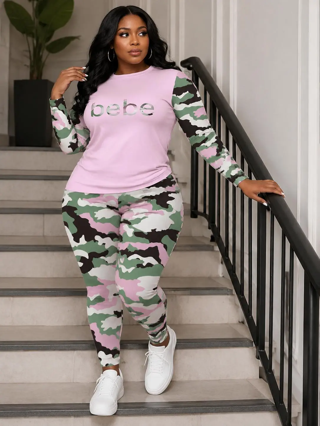 Women's Plus-Size 2-Piece Crew Neck Striped Camo Block Long Sleeve Shirt & Full Length Pants Set, Breathable Figure-Hug Casual Early Autumn Athletic Home Loungewear Suit, Round Neck