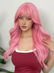 24 Inch Pink Long Curly Wigs for Women, Gorgeous Fluffy Wigs with Blunt Bangs, Synthetic Full Machine Glueless Hd Wigs for Party, Daily Use