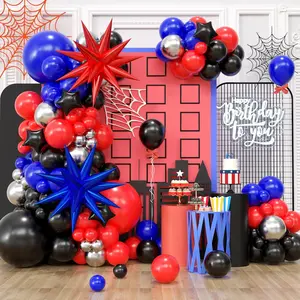 Spider Theme Balloon Garland Kit, Red, Blue & Black with Silver Star Mylar Balloons for Party