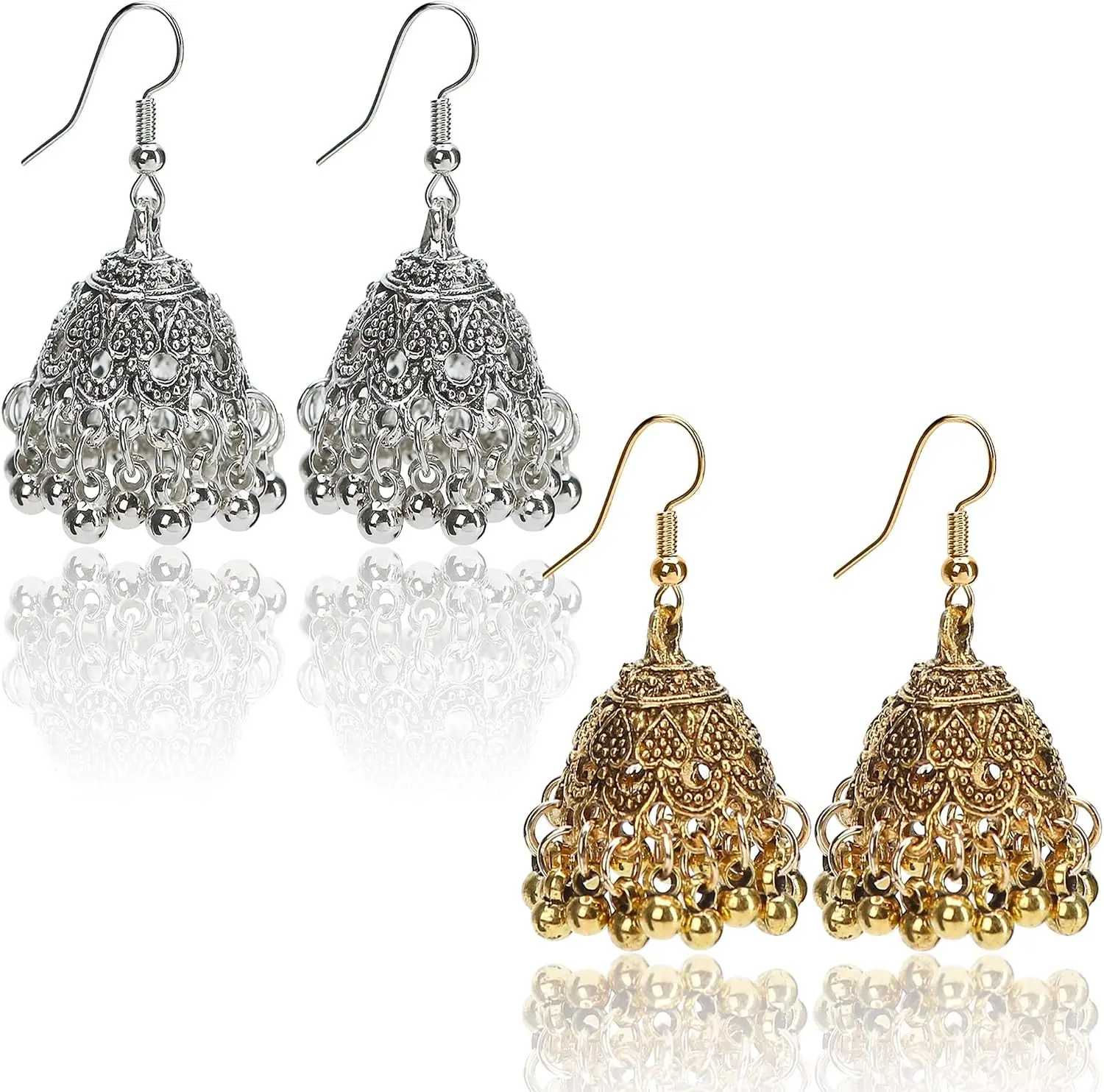 2 Pair Vintage Jhumkas Earrings 1.8'' for Women, Handmade Ethnic Antique Traditional Gold Plated Silver Earring - Small Indian Jhumki Jewelry Micro Earring Bell Tassel Drop Hanging Pendientes