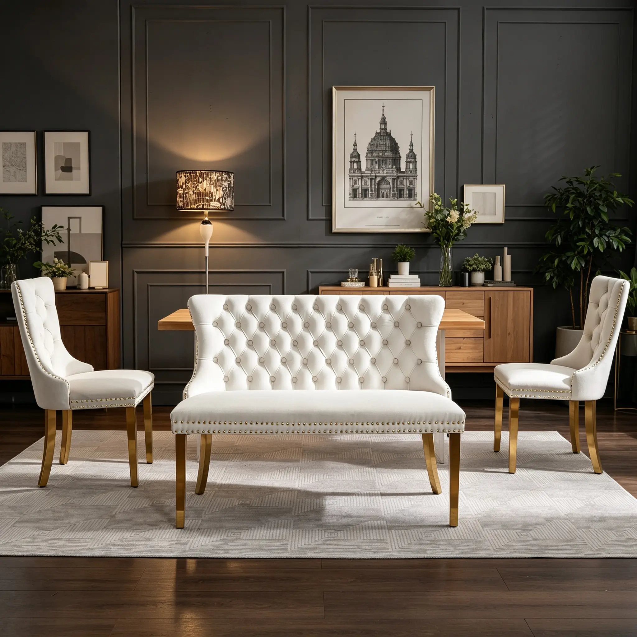 Velvet Double Dining Loveseat Bench, Tufted Wing 2-Seat Kitchen Dining Seating, Handmade Button Decor, Gold-Plated/Brushed Silver Stainless Steel Legs (2 Options), Mid-Century Modern Luxury Upholstered Home Decor Furniture, 2-Person, Hand-Tufted