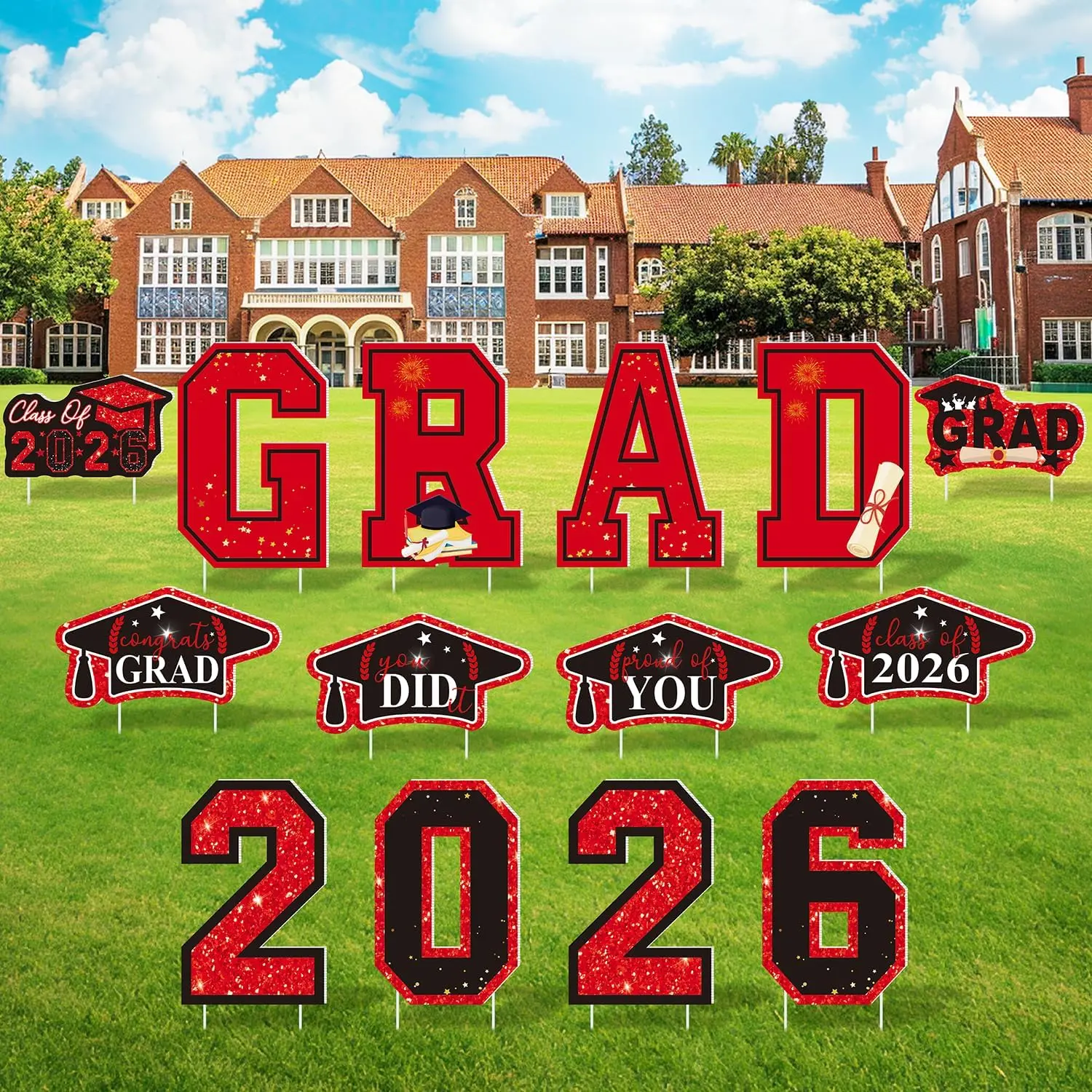2026 Graduation Yard Sign for Class, 14 count Congrats Red and Black Large Outdoor Graduation Decorations with Lawn Stakes, Grad Weatherproof Party Favors Supplies for College & Middle School