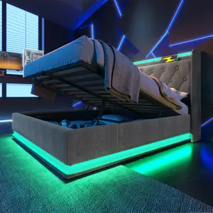 Linen Fabric Queen Bed Frame with Upholstered Headboard, Hydraulic Lift-Up Storage, LED Lights and USB Type-C Charging, Gray