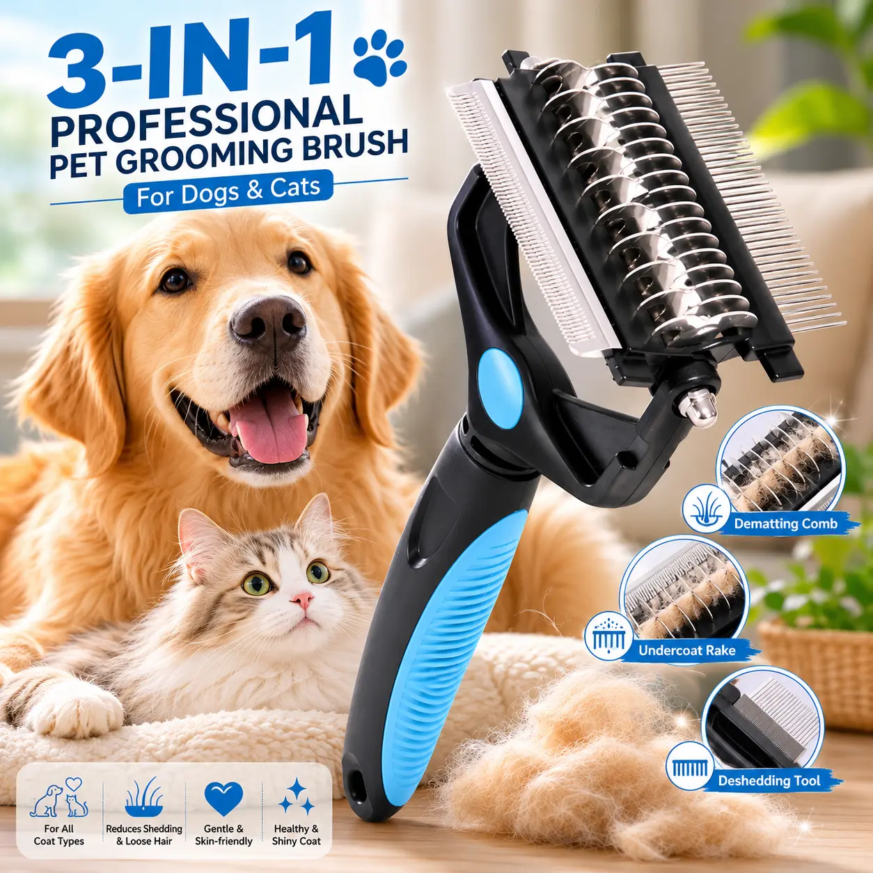 Professional 3-in-1 Deshedding and Dematting Brush – Dual 17/9 Tooth Rake for Long & Short Hair Dogs, Cats & Small Pets, No Pulling, Non-Slip Comfort Grip