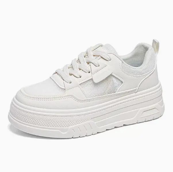 Chunky platform walking trainers, full ivory breathable perforated mesh & smooth cream synthetic leather, unified textured layered white platform outsole. Light cushioned insole eases foot strain for office commutes, campus and shopping trips.