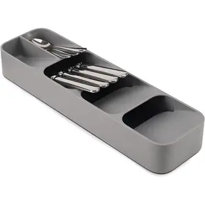 DrawerStore Compact Utensil Organizer For Kitchen Drawer Silverware, Flatware Tray, Small, Grey