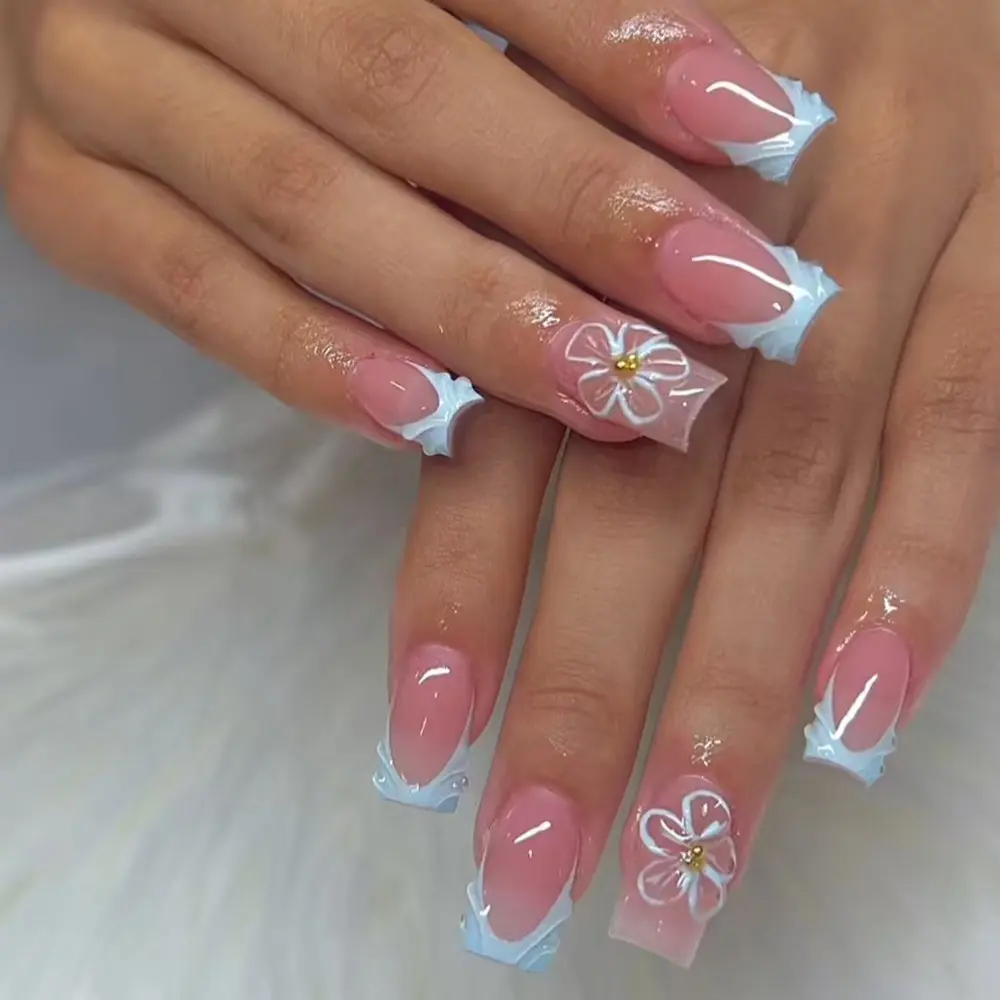 24pcs Square French Nail Set, Flower and Wave Design, Nail Art Design, Summer Nails, DIY Fake Nails, Easy Wear Acrylic False Nails Kit, Includes Jelly Glue and File, Nail Art Supplies