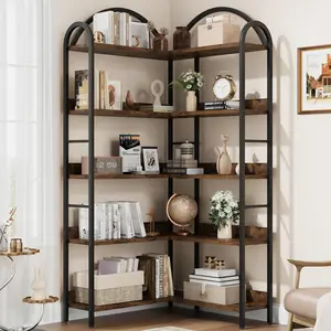 【GARVEE】Corner Bookshelf Arched Bookcase, L Shaped Bookshelf Industrial Corner Shelf, Large Bookshelf with Metal Frame, Etagere Shelf Corner Display Rack for Living Room Bedroom
