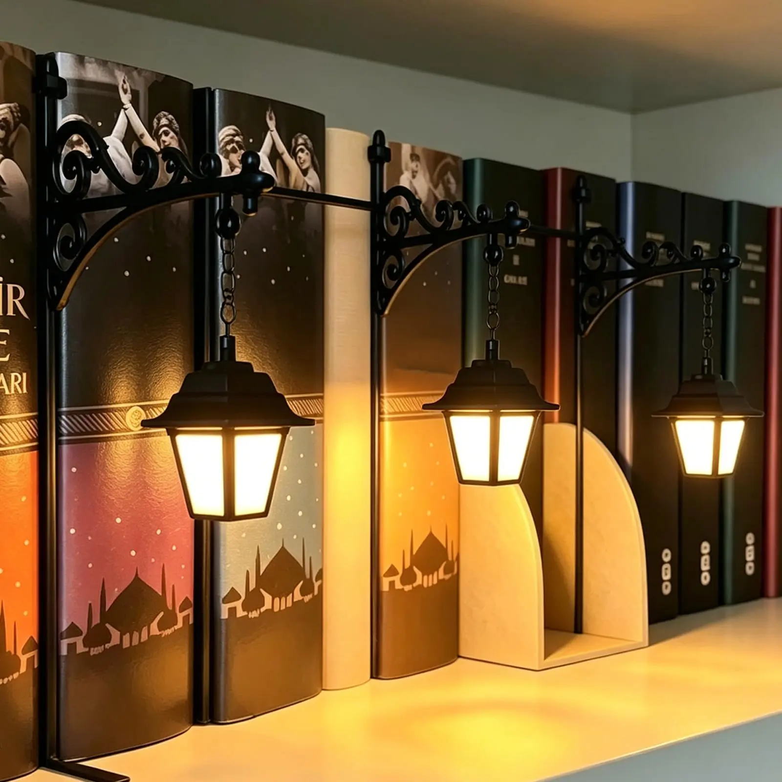 Library Lantern Mini Bookshelf Lamp, Decorative Bookshelf Lighting, Bookcase Insert Decor Light with Hanging Lantern / Ghost Pendant, Readers, Book Lovers, Bedroom, Library, Halloween Gifts