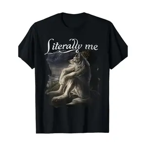 Men's 'Literally Me' Wolf Meme Graphic T-Shirt, Casual Short Sleeve Crewneck in Heavyweight 220g Cotton Knit, Regular Fit