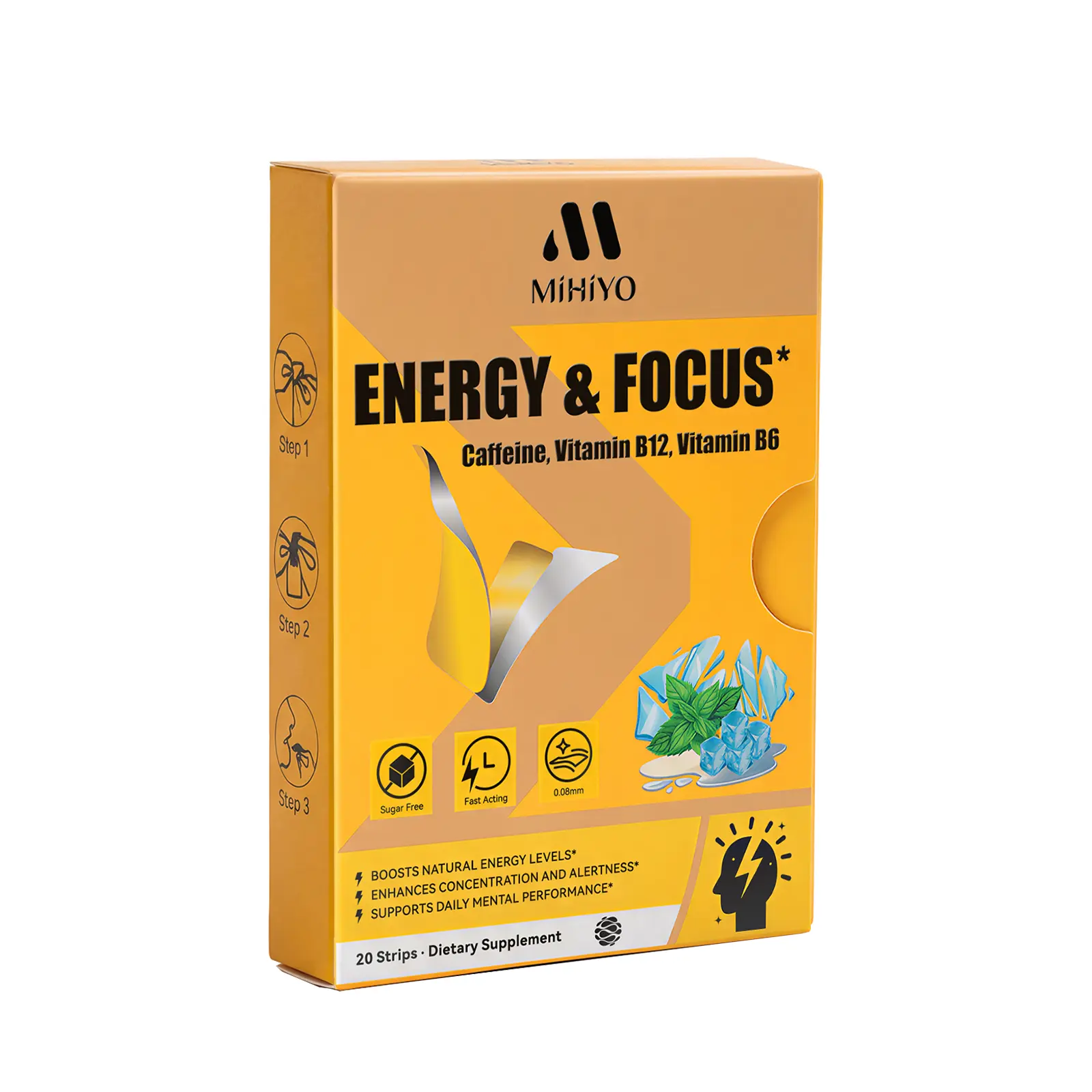 Mihiyo Energy & Focus Dissolvable Strips - 10mg Vitamin B12+B6+Caffeine, Sugar Free, Gluten Free, 0.08mm Instant Melt, Peppermint Flavor, Individual Wrap, 0 Calorie Hit for Adults (20ct)