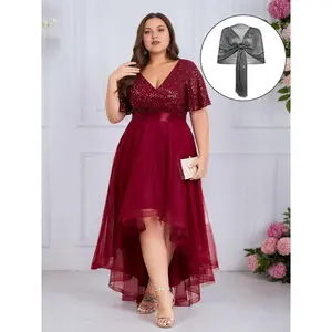 Plus Size Women's Wine Red Sequin V-Neck Short Sleeves High-Low Mesh Dress with Shawl for Weddings Parties Proms Bridesmaids Festivals